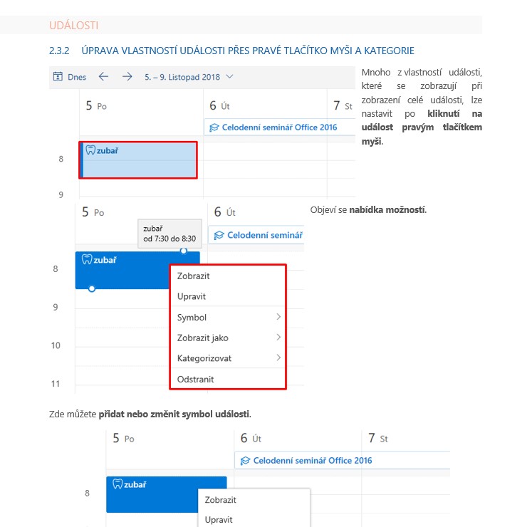 Ukázka práce kalendář v Outlooku Online