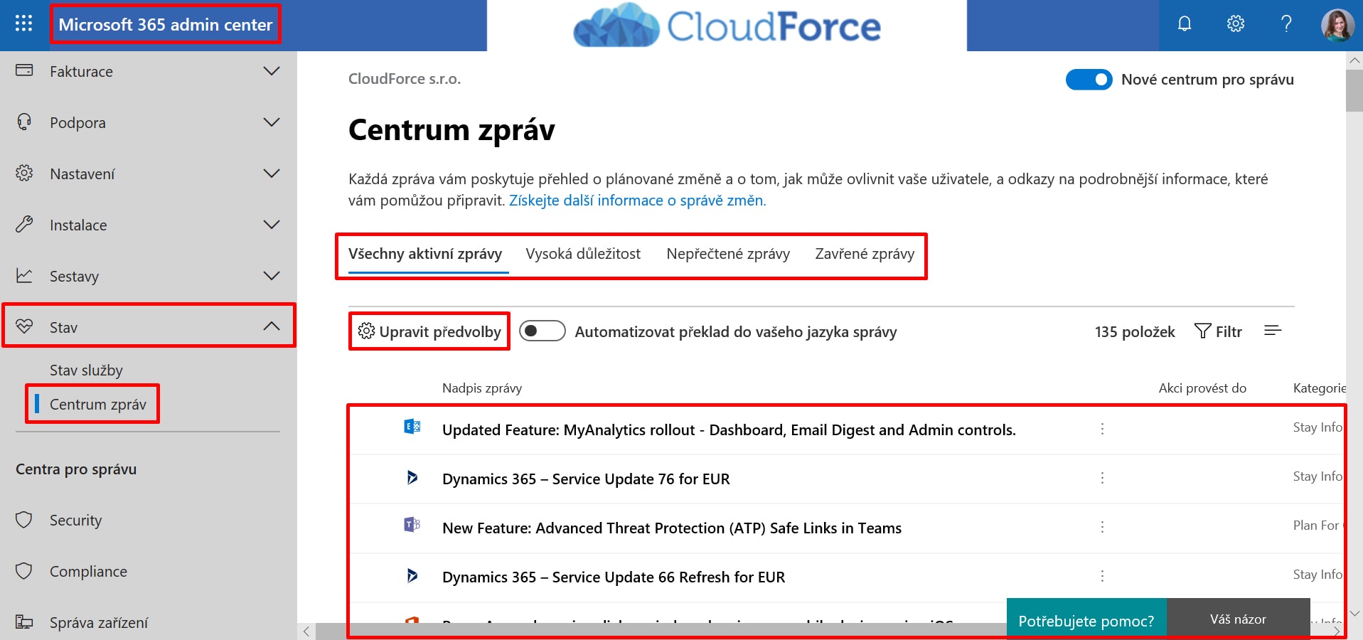 Novinky ve správci Microsoft 365 ve centru zpráv