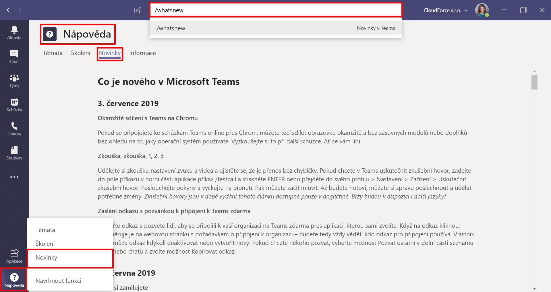 Kde najdete novinky v MS Teams