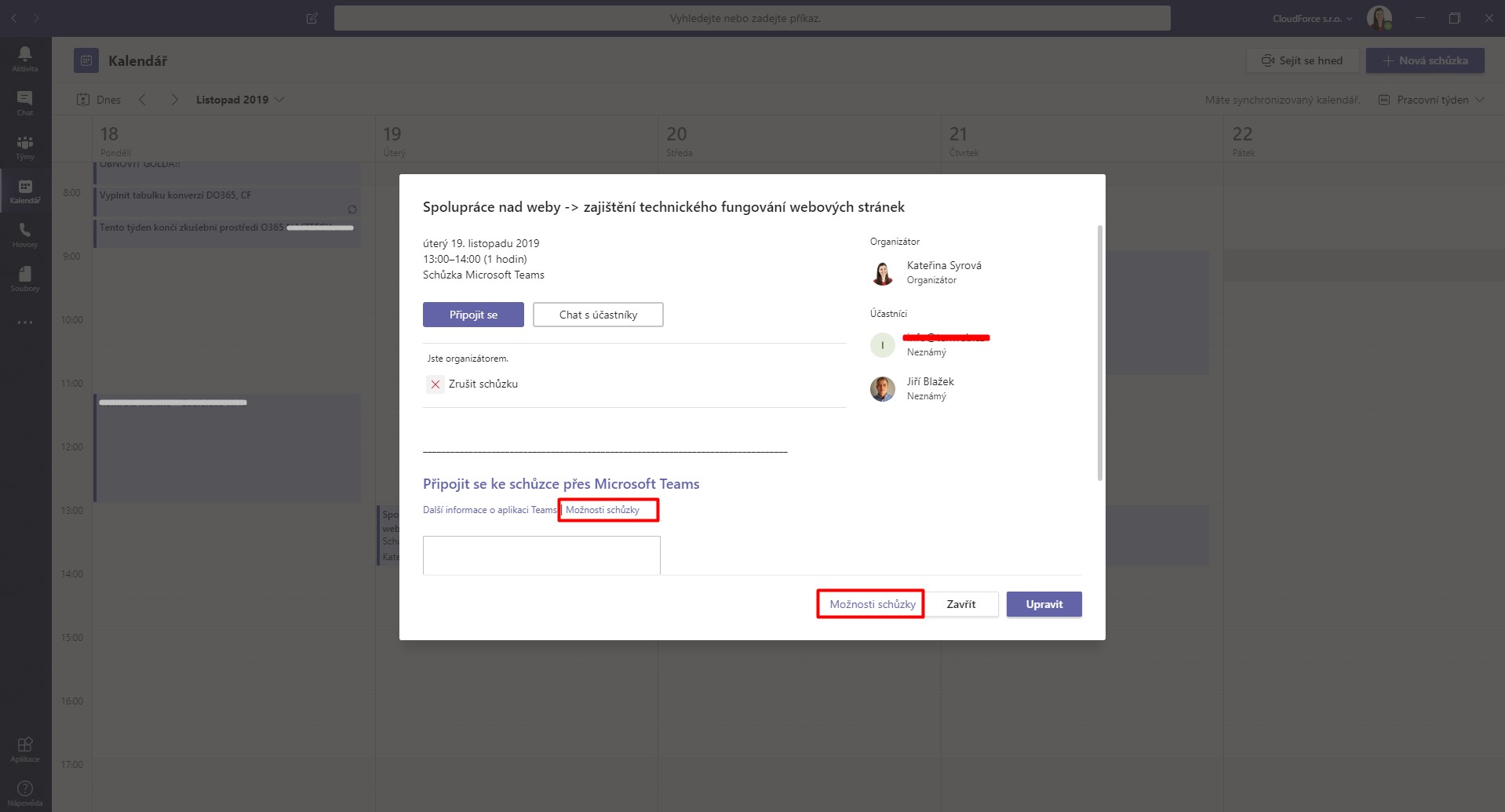 Role v online schůzce MS Teams