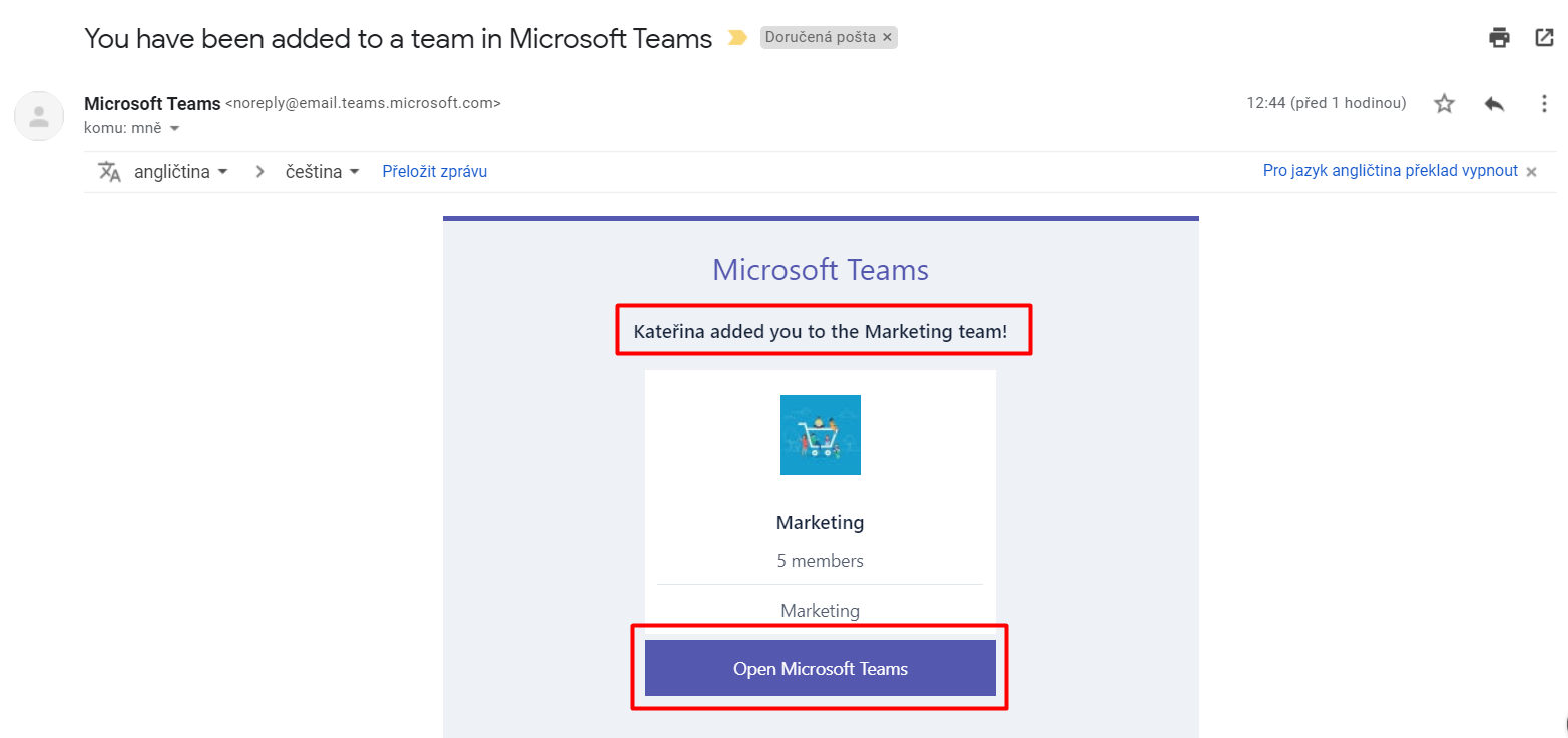 Zvací email do týmu MS Teams