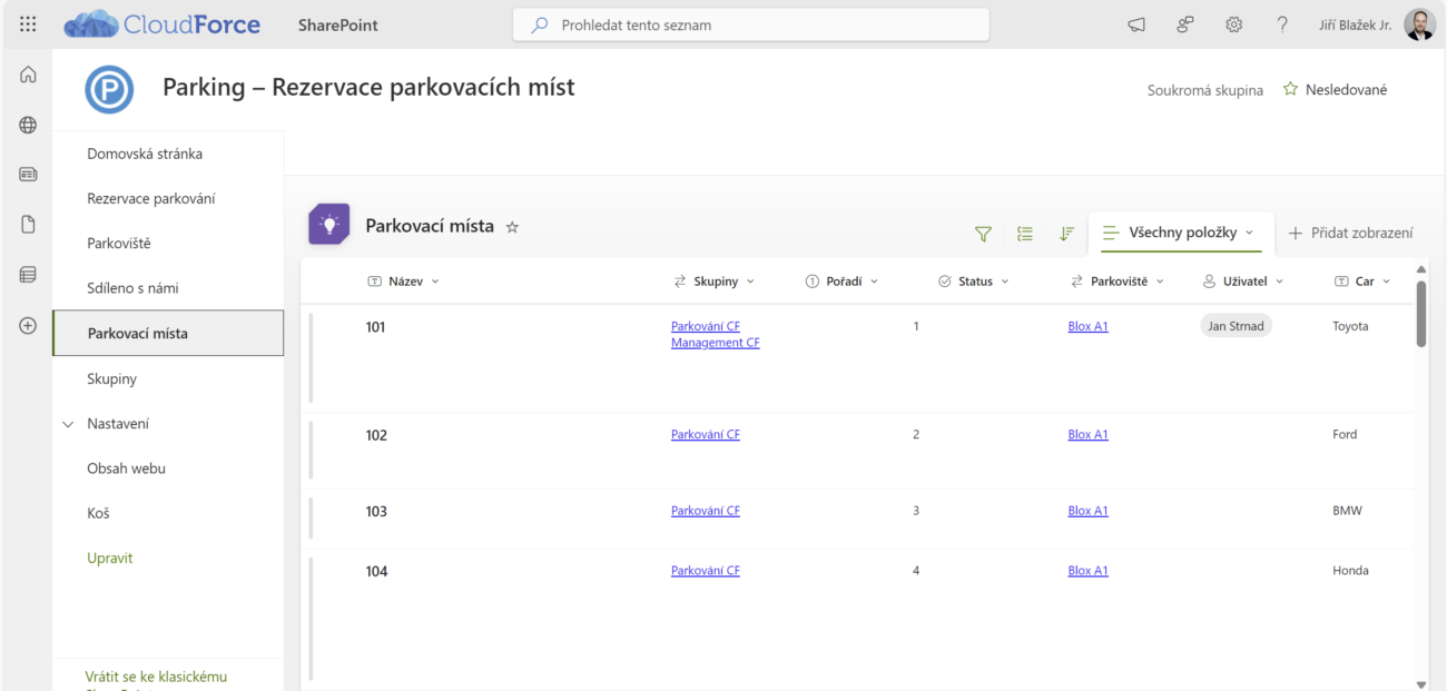 Parking - nastavení aplikace na SharePointu