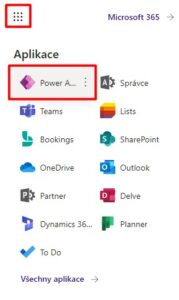 Otevírání aplikace PowerApps v Microsoft 365 prostředí