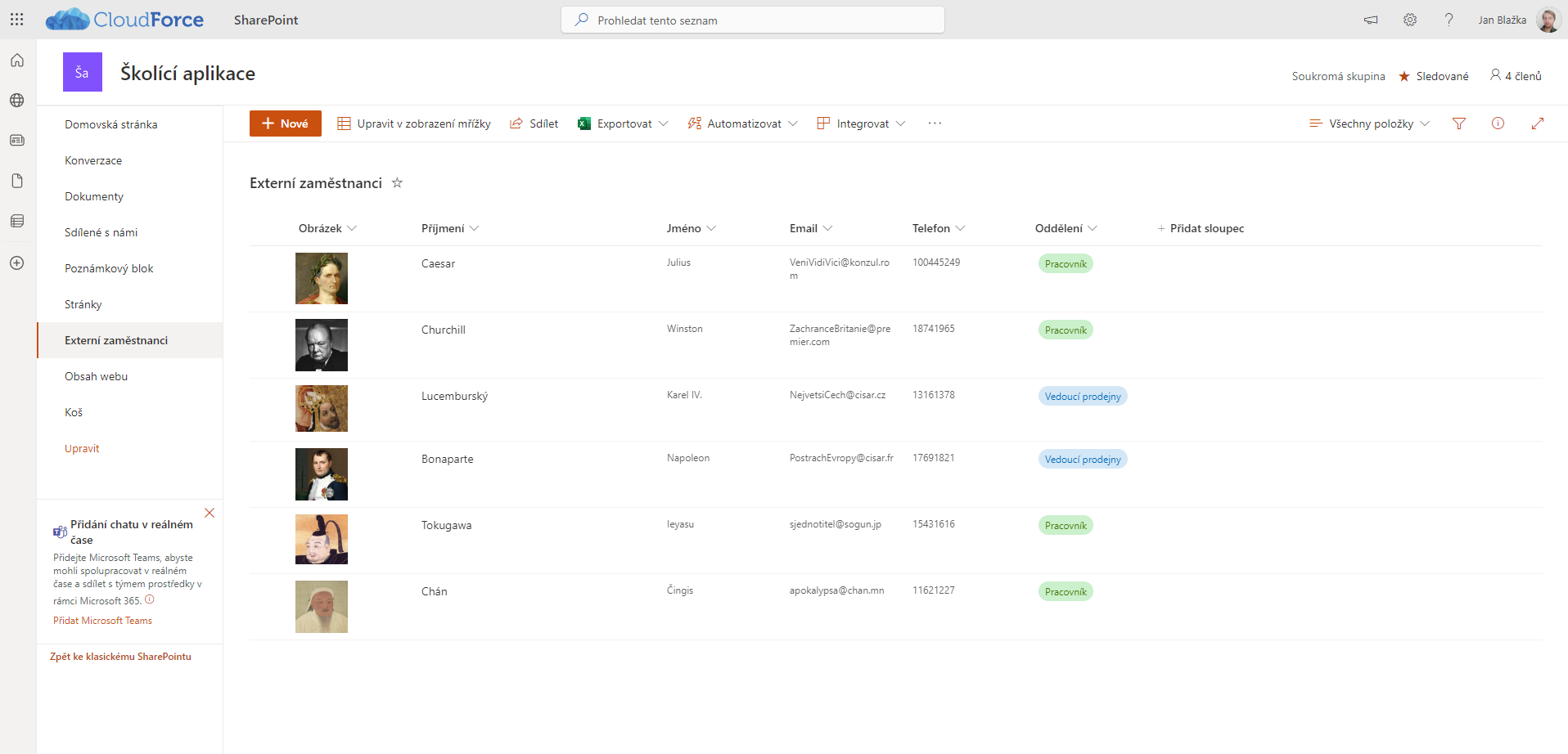 Screenshot z aplikace Microsoft Teams