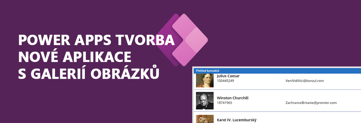 Power Apps rozhraní pro vytváření aplikace s galerií obrázků.