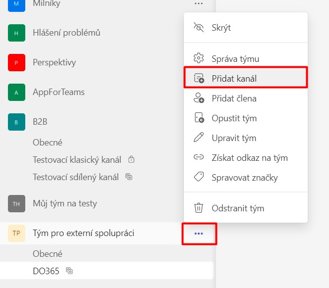 Přidání sdíleného kanálu do týmu v Microsoft Teams