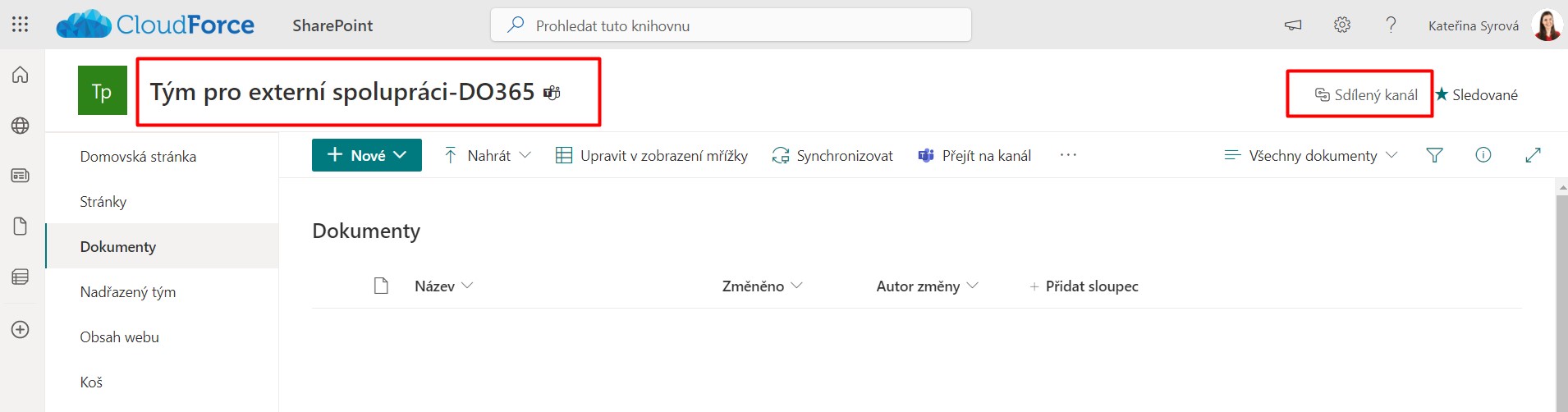 SharePoint prostředí se sdíleným kanálem pro týmovou spolupráci