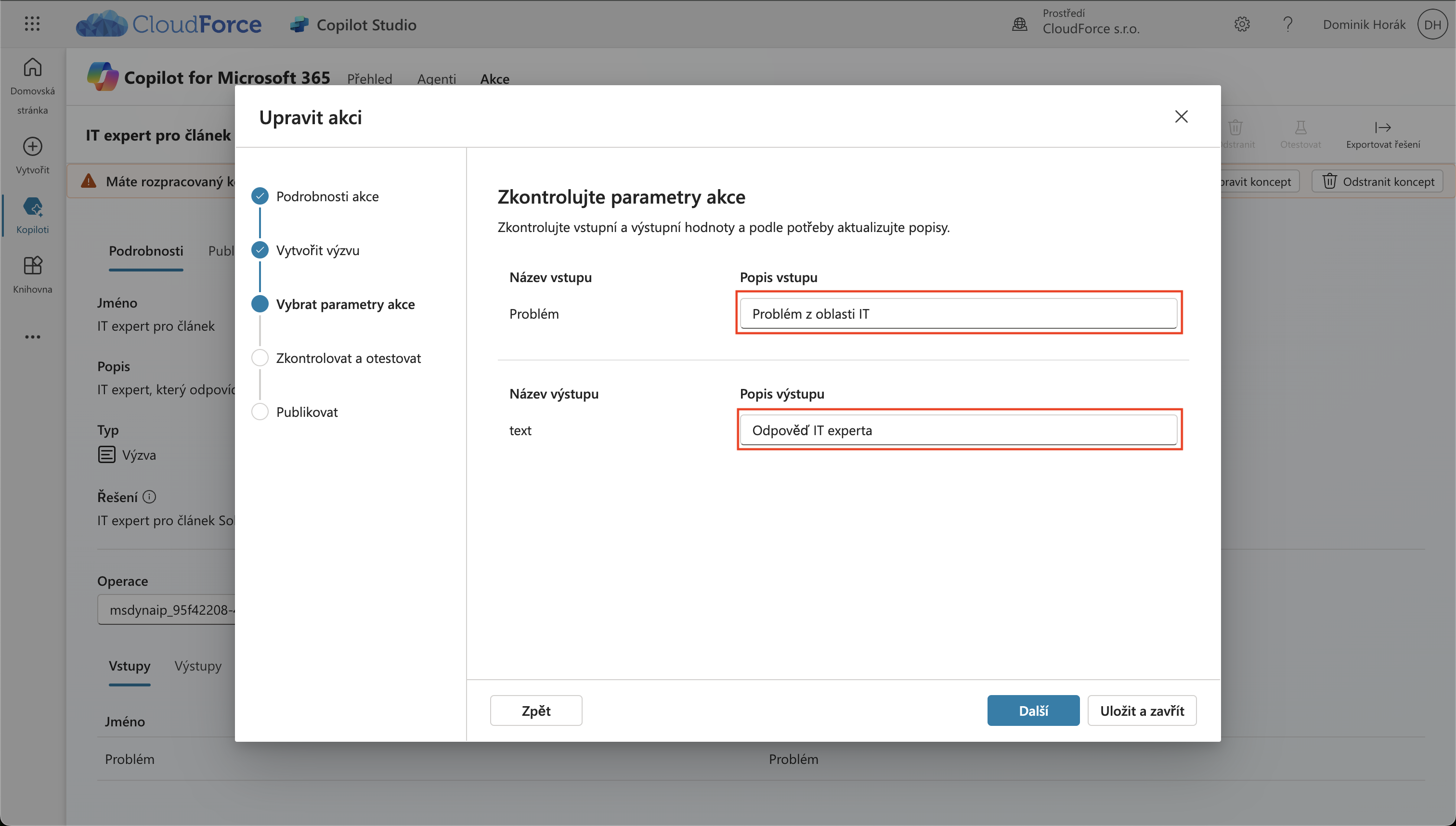 Copilot studio: Parametry akce