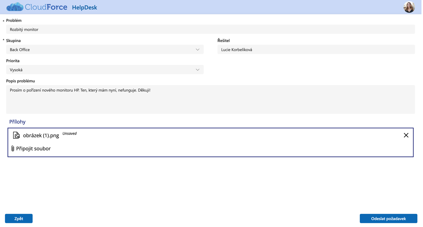 Aplikace HelpDesk vytvoření požadavku