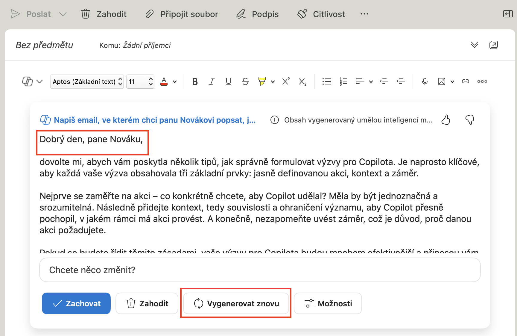 Prompty vygenerovat znovu v Outlooku