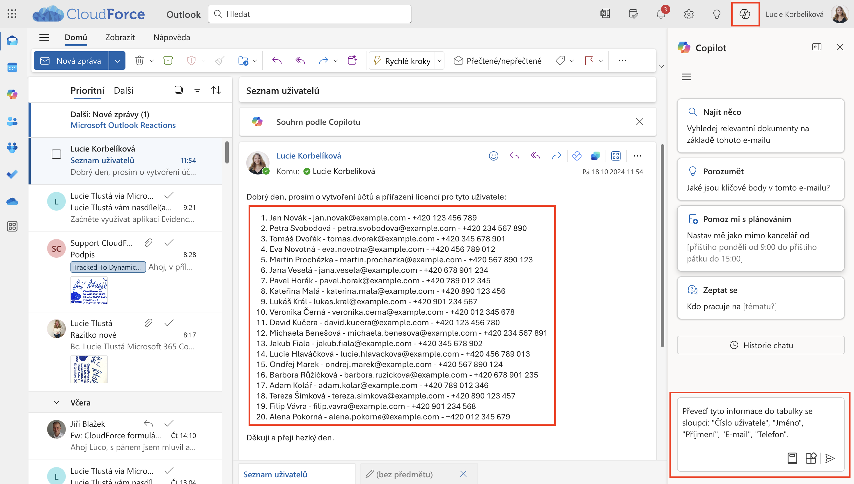 Prompty převod na tabulku v Outlooku