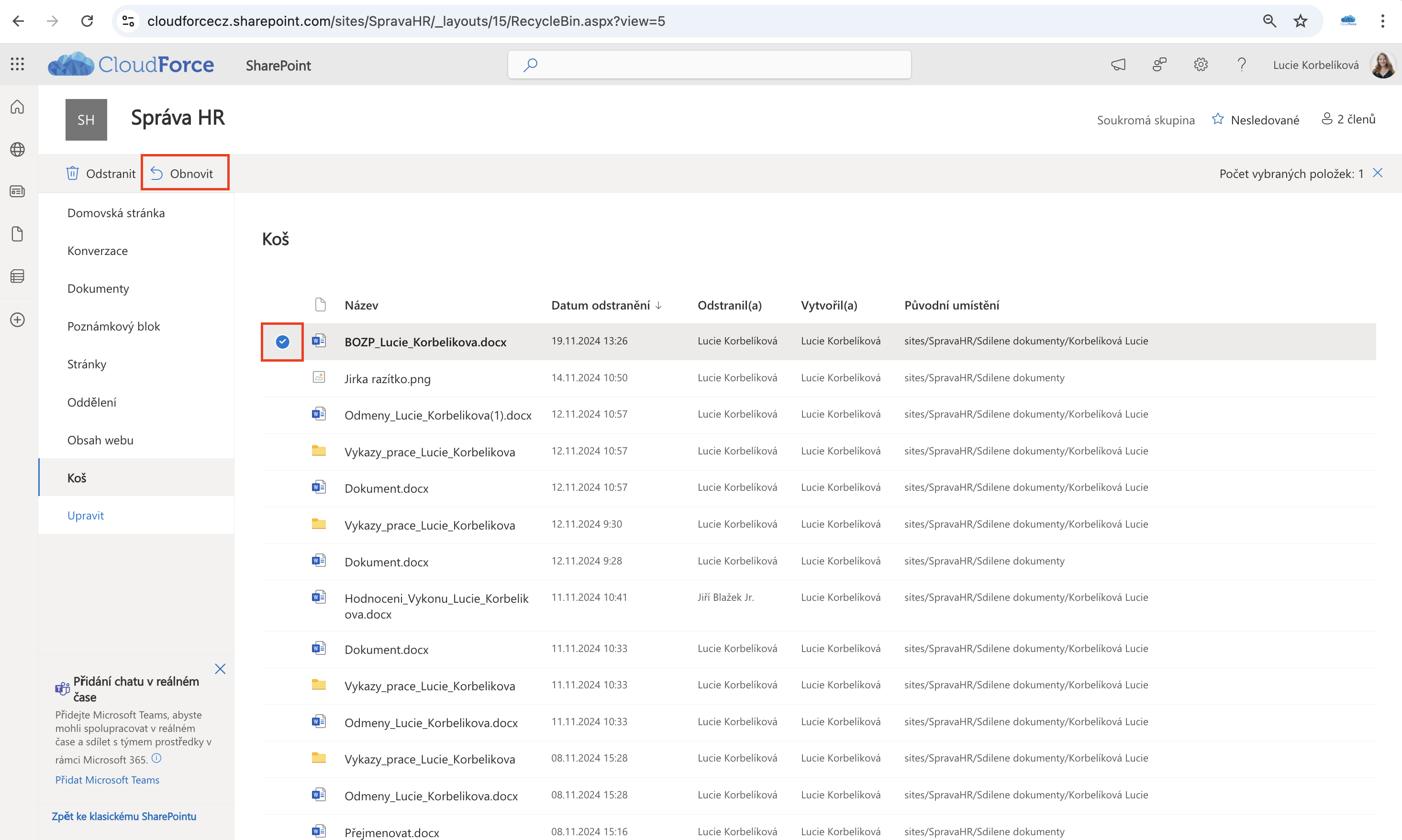 SharePoint koš první fáze obnova dokumentu
