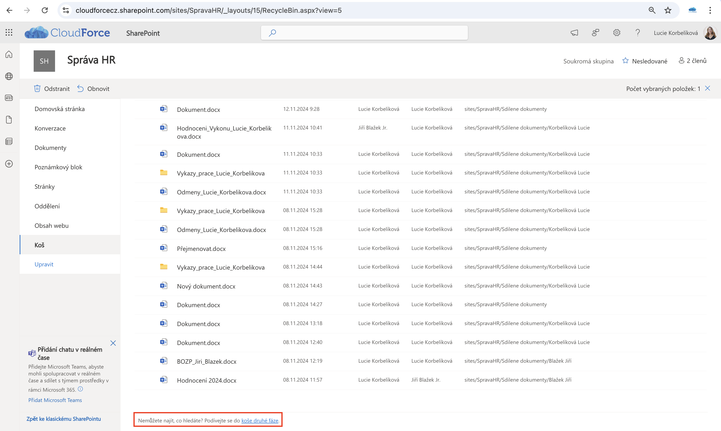 SharePoint koš druhé fáze obnova dokumentu