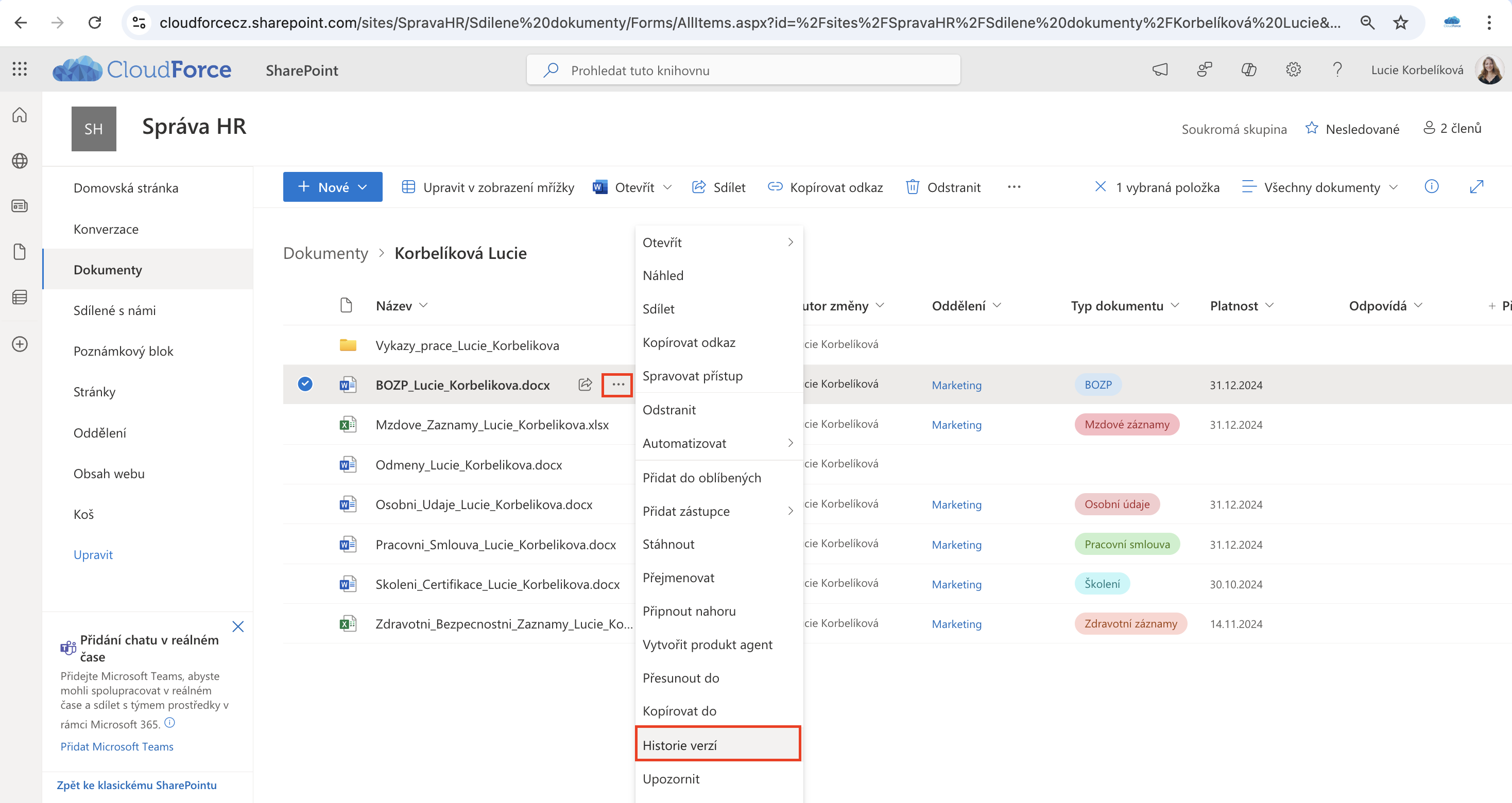 SharePoint historie verzí
