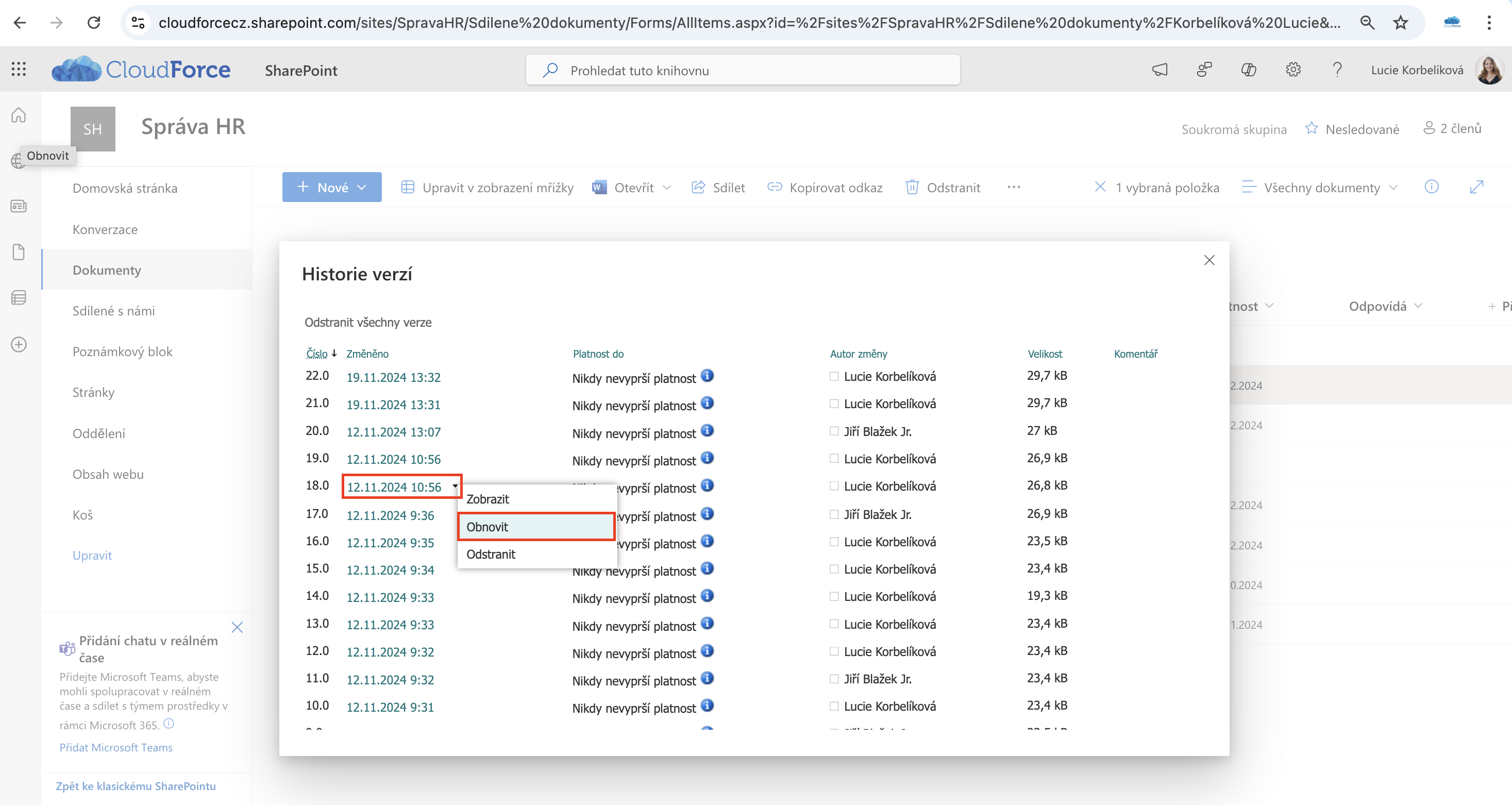 SharePoint historie verzí obnovit