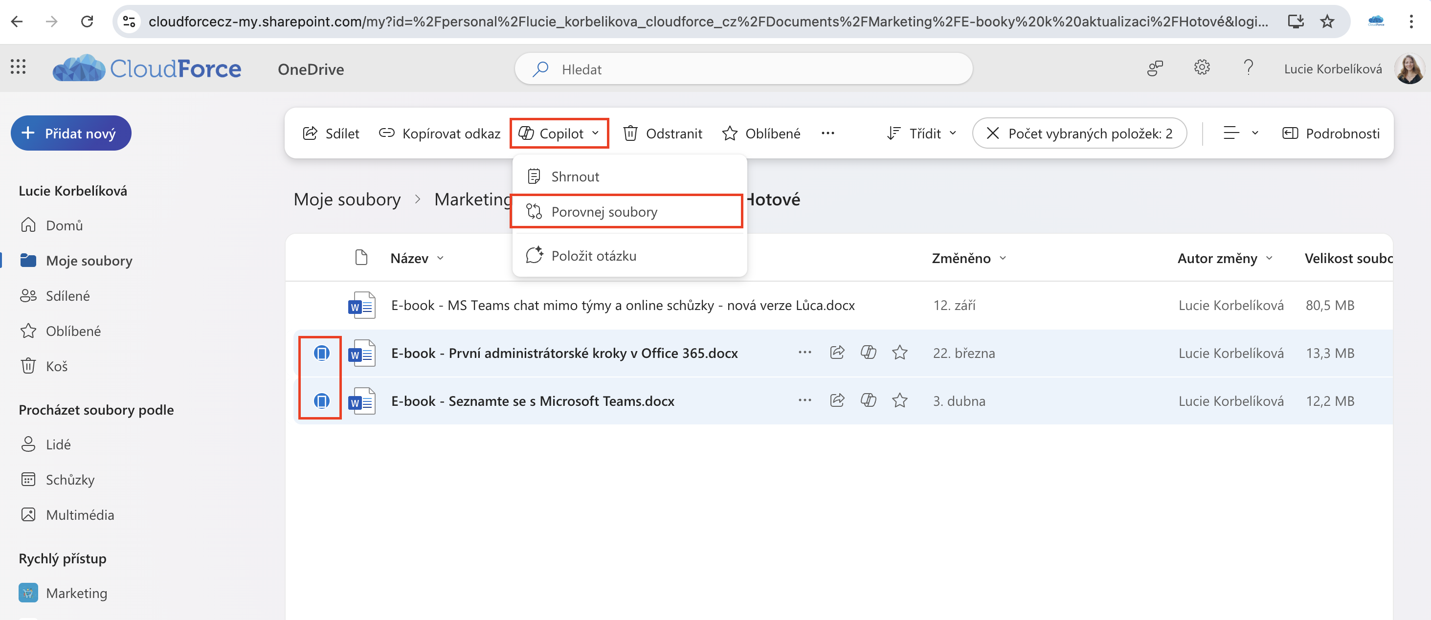 Microsoft 365 Copilot porovnání na OneDrive