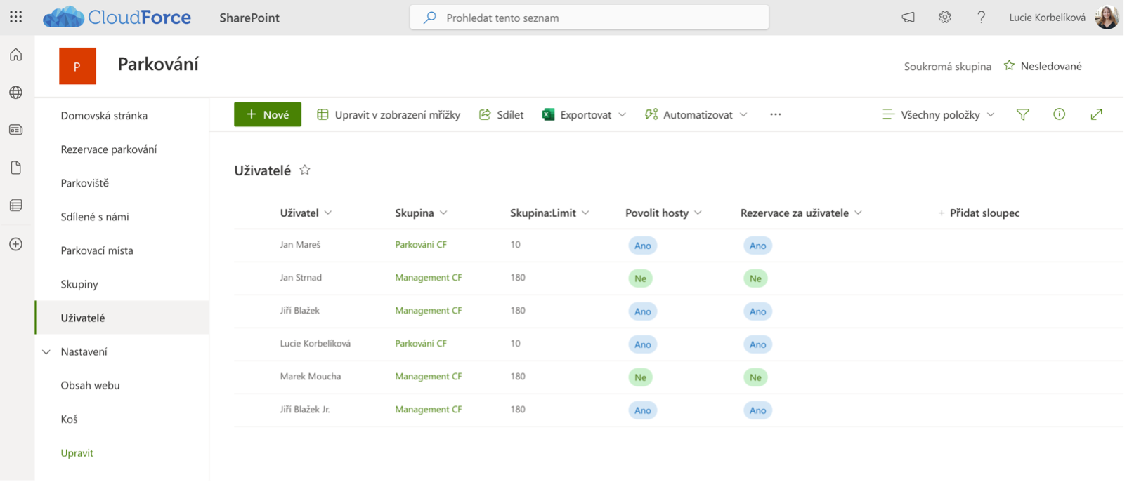 Aplikace Parking_SharePoint