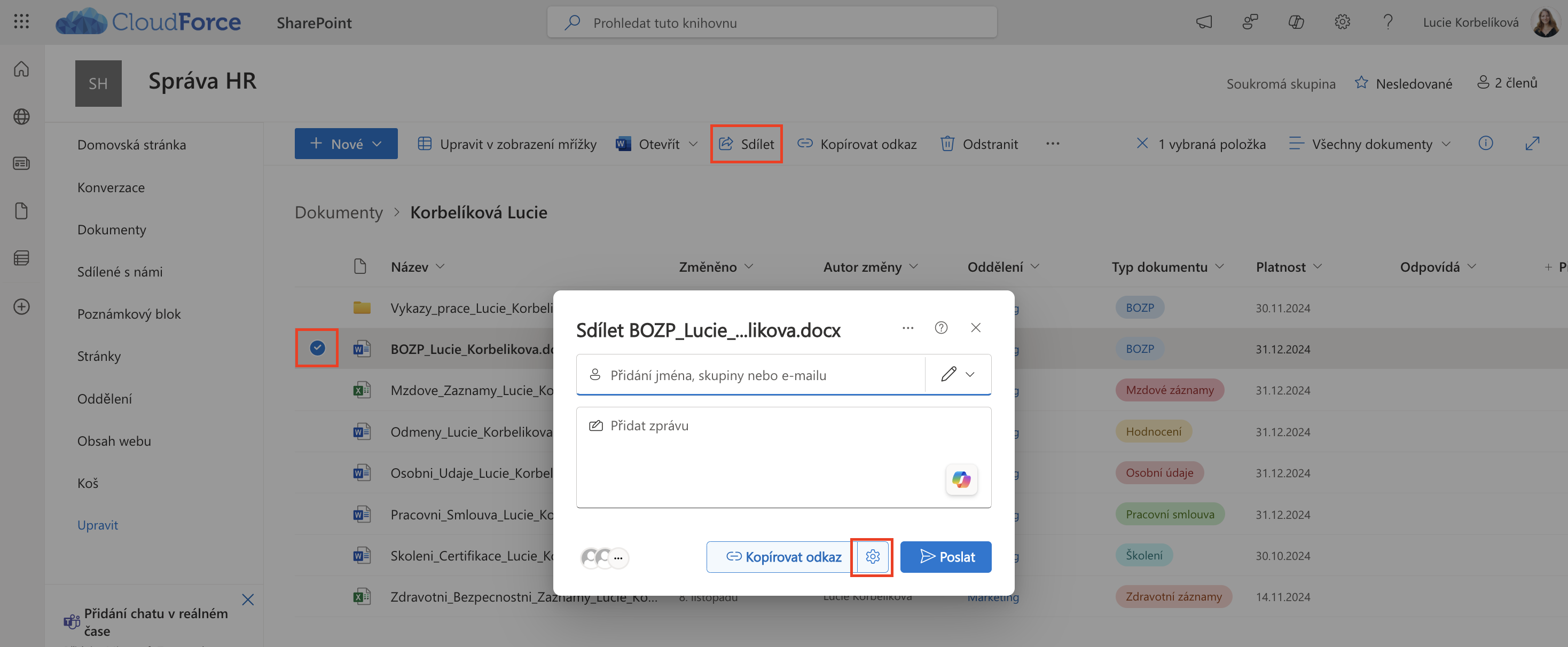 SharePoint sdílení_tlačítko sdílet
