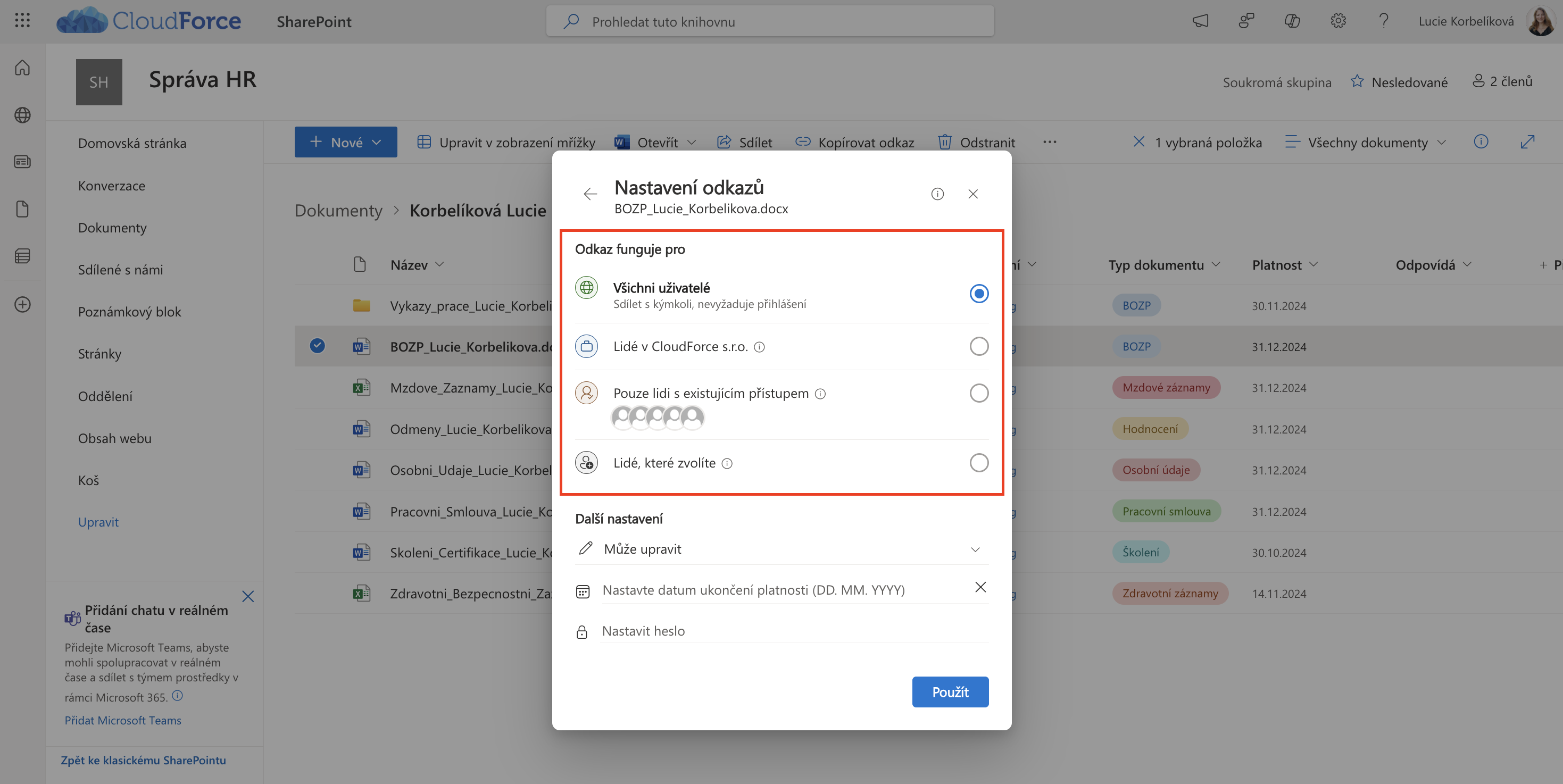 Sdílení SharePoint_nastavení uživatelů