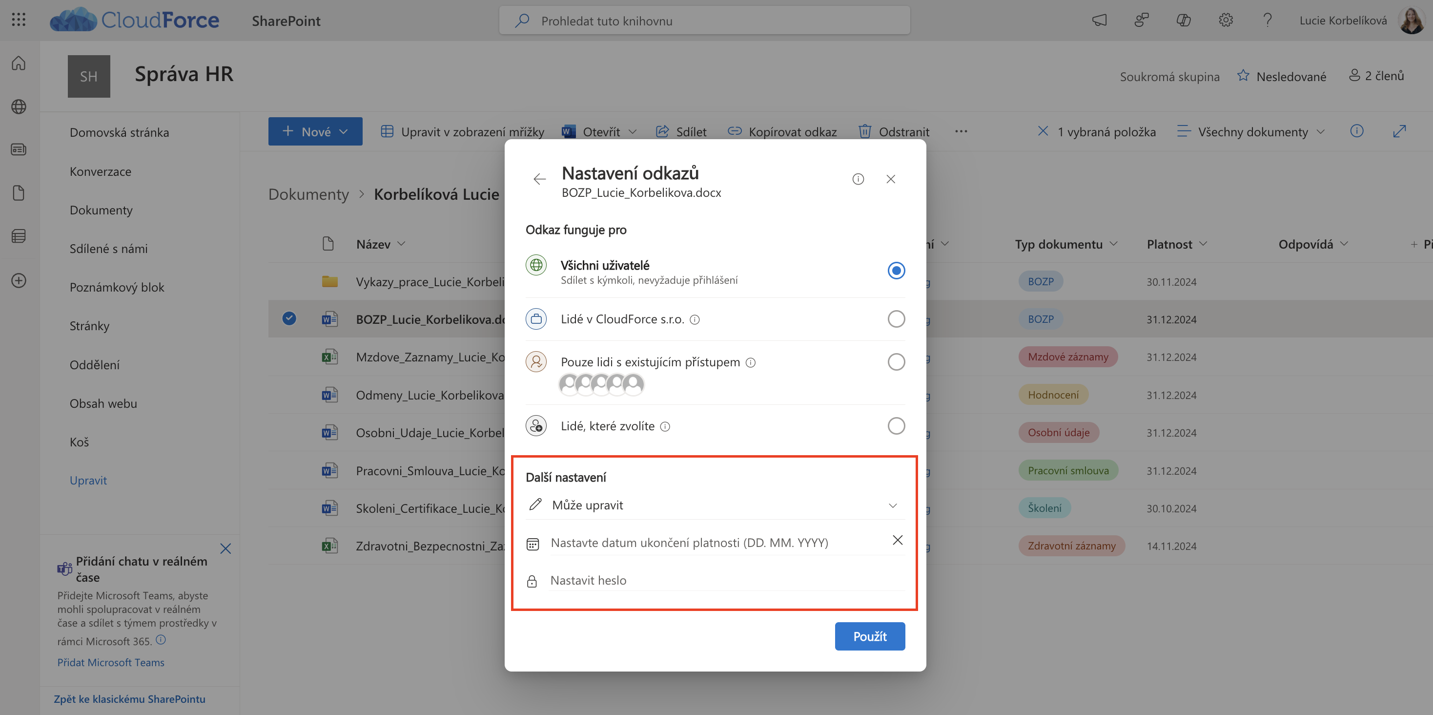 SharePoint sdílení_Další nastavení