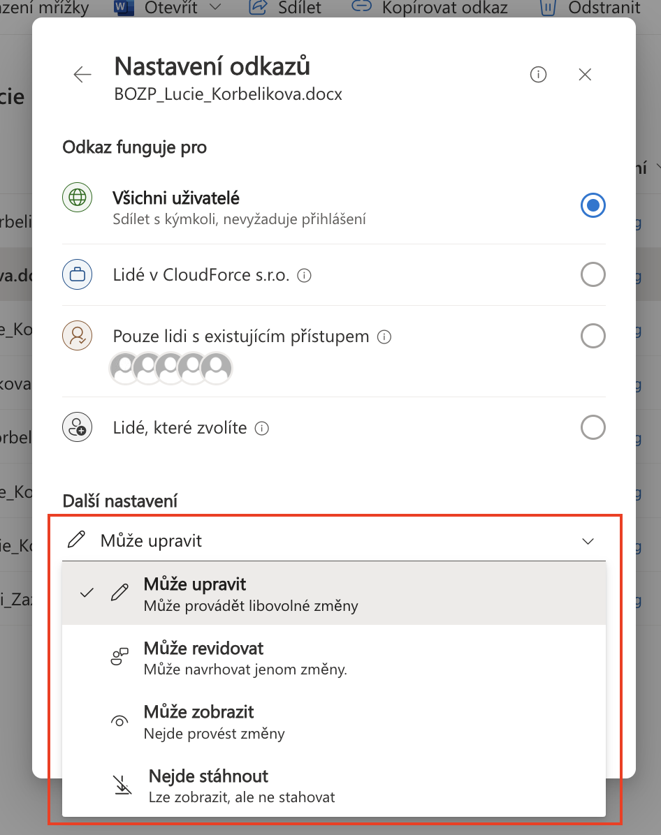 SharePoint sdílení_nastavení úprav
