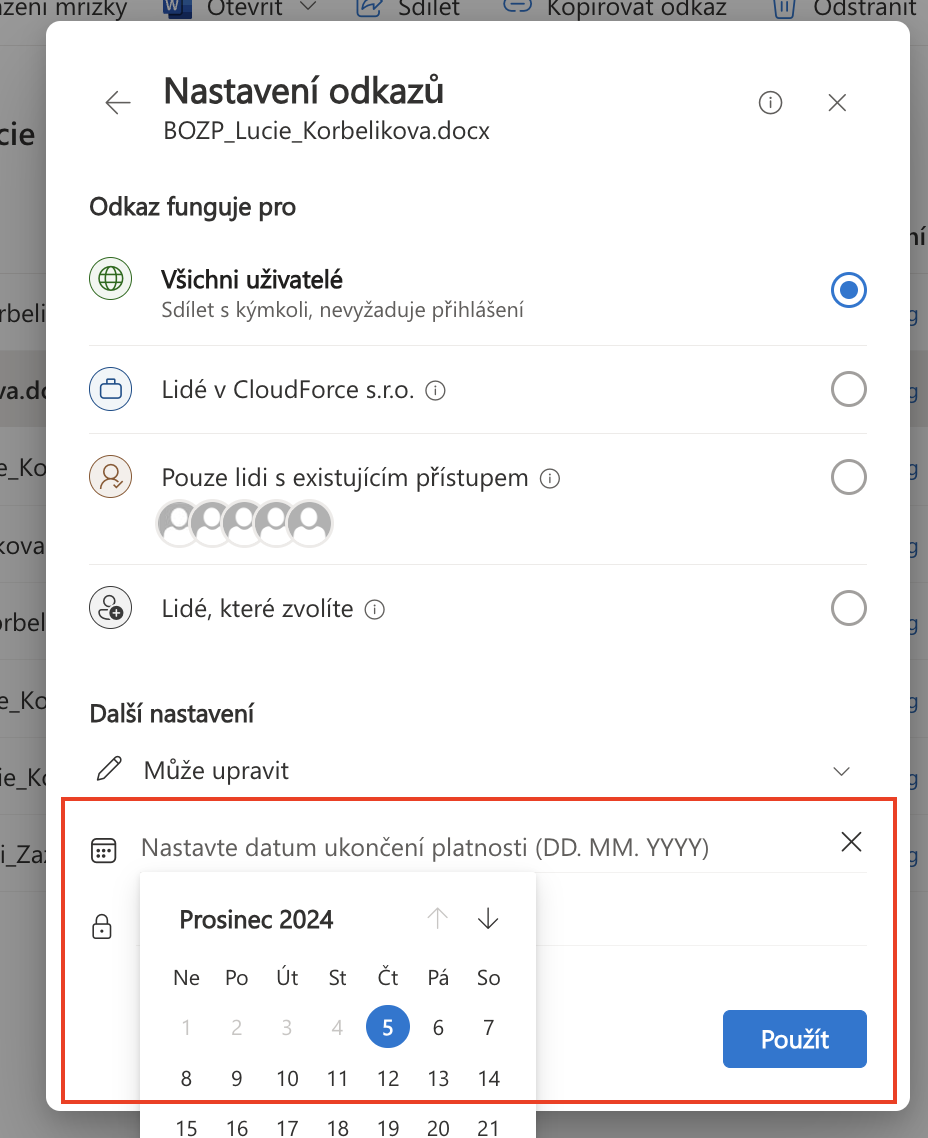 SharePoint sdílení_nastavení platnosti