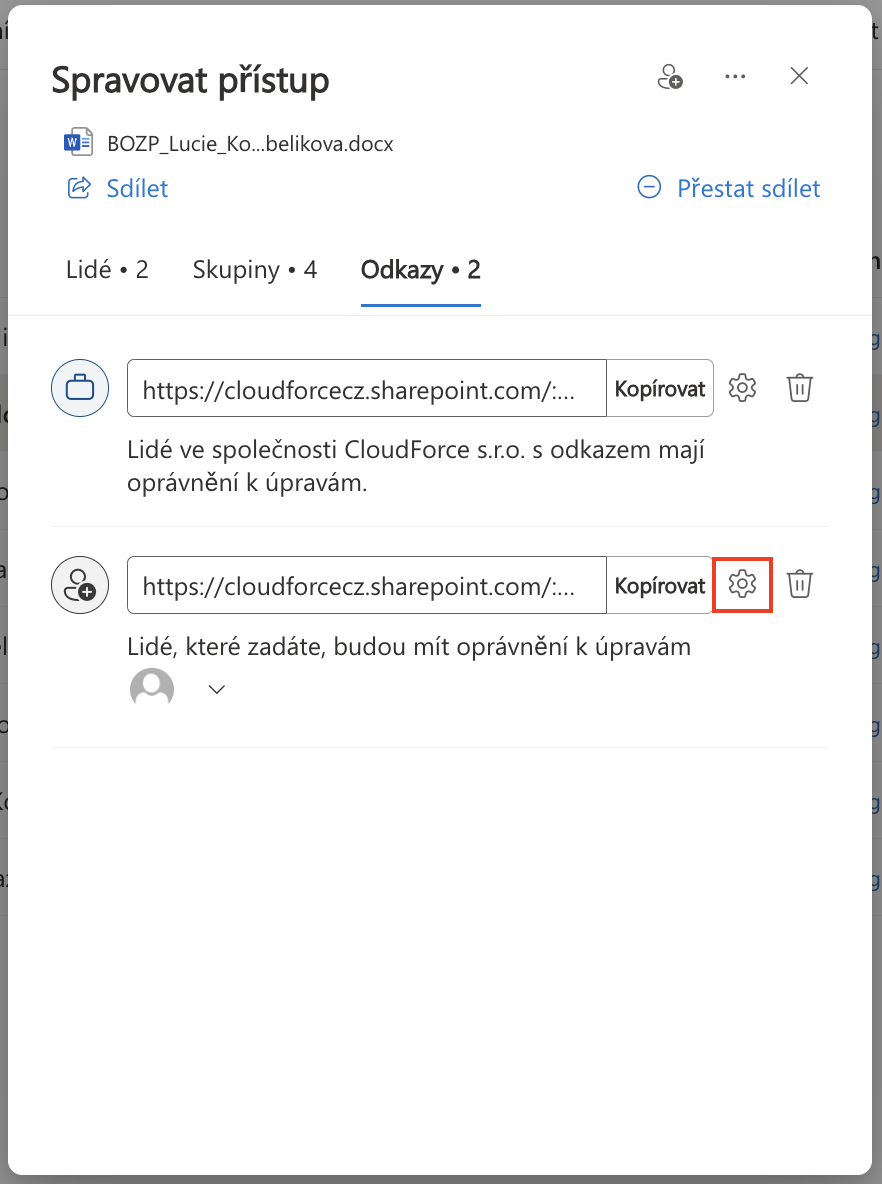SharePoint sdílení_odkazy