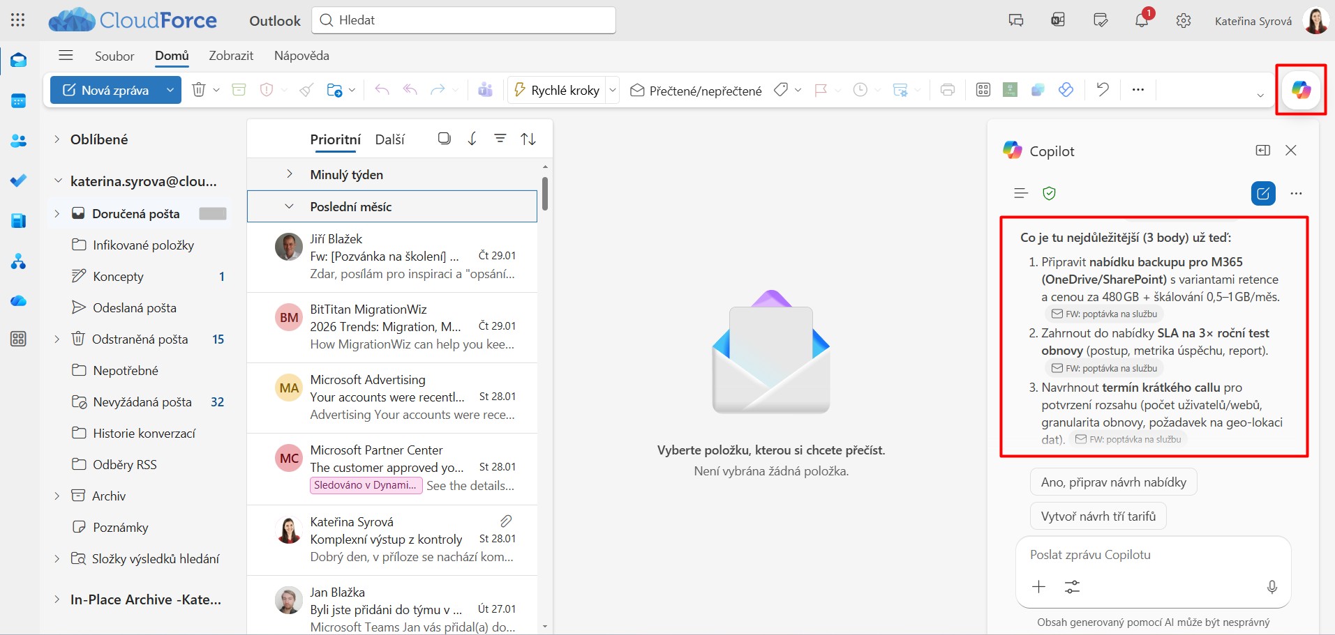 Shrnutí výstupu z emailu v outlooku pomocí Copilot