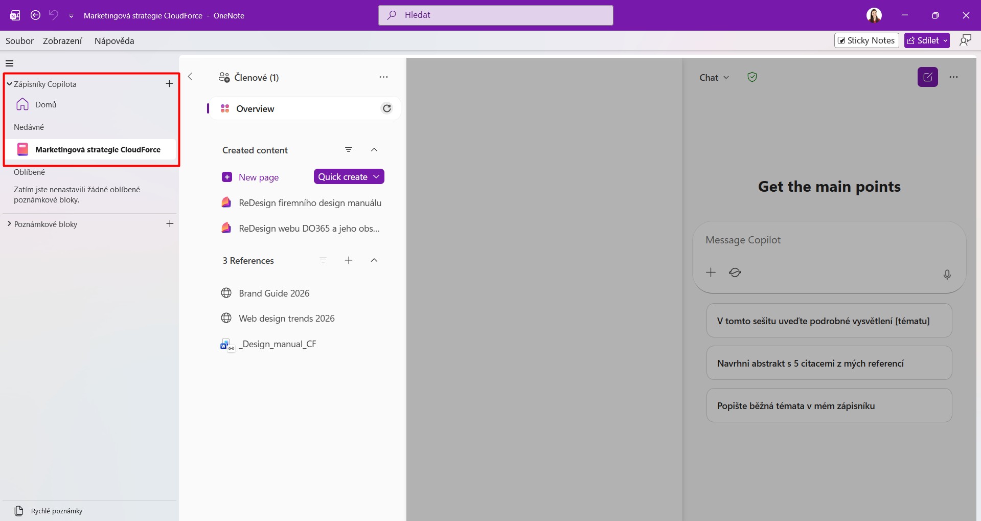 Copilot Poznámkové bloky integrace do OneNote